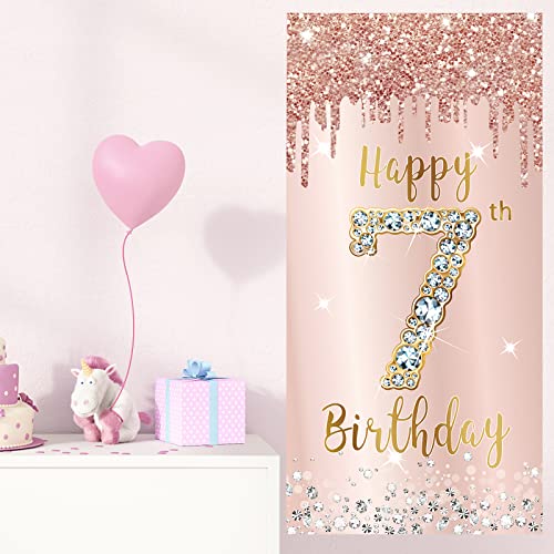 7th Birthday Door Banner Decorations for Girls, Pink Rose Gold Happy 7 Birthday Door Cover Sign Party Supplies, Seven Year Old Birthday Backdrop Poster Background Decor