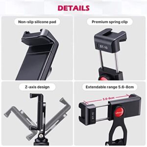 ULANZI Metal Phone Tripod Mount ST-10, Universal 360° Smartphone Adapter with 2 Cold Shoe Mount, Adjustable Cell Phone Clamp Stand Holder, Compatible with iPhone, Samsung Galaxy and All Phones