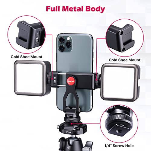 ULANZI Metal Phone Tripod Mount ST-10, Universal 360° Smartphone Adapter with 2 Cold Shoe Mount, Adjustable Cell Phone Clamp Stand Holder, Compatible with iPhone, Samsung Galaxy and All Phones