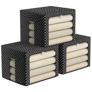 3 pack clothes storage organizer bins - foldable metal frame storage bins stackable oxford cloth fabric container organizer set with carrying handles and clear window (large-66l, black dots)