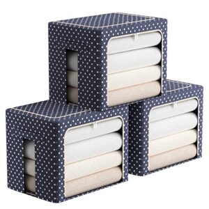 3 pack clothes storage organizer bins - foldable metal frame storage bins stackable oxford cloth fabric container organizer set with carrying handles and clear window (medium-36l, navy blue)