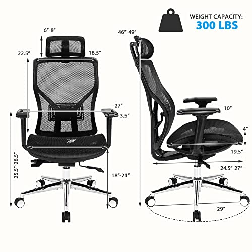 COSTWAY Ergonomic Home Office Chair, Adjustable Swivel Mesh Executive Chair w/Reclining Backrest, Headrest and 3D Armrests, High Back Computer Desk Chair for Gaming, Reading, Studying, Black