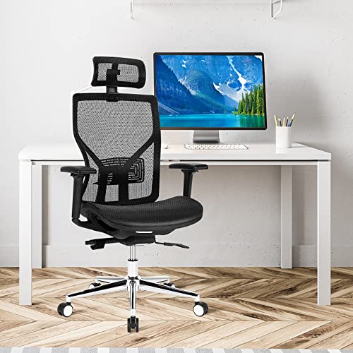 COSTWAY Ergonomic Home Office Chair, Adjustable Swivel Mesh Executive Chair w/Reclining Backrest, Headrest and 3D Armrests, High Back Computer Desk Chair for Gaming, Reading, Studying, Black