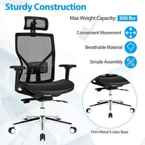 COSTWAY Ergonomic Home Office Chair, Adjustable Swivel Mesh Executive Chair w/Reclining Backrest, Headrest and 3D Armrests, High Back Computer Desk Chair for Gaming, Reading, Studying, Black