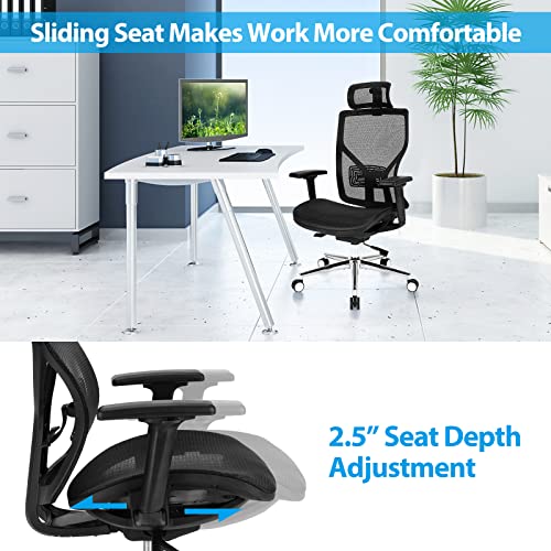 COSTWAY Ergonomic Home Office Chair, Adjustable Swivel Mesh Executive Chair w/Reclining Backrest, Headrest and 3D Armrests, High Back Computer Desk Chair for Gaming, Reading, Studying, Black