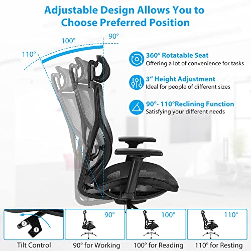 COSTWAY Ergonomic Home Office Chair, Adjustable Swivel Mesh Executive Chair w/Reclining Backrest, Headrest and 3D Armrests, High Back Computer Desk Chair for Gaming, Reading, Studying, Black