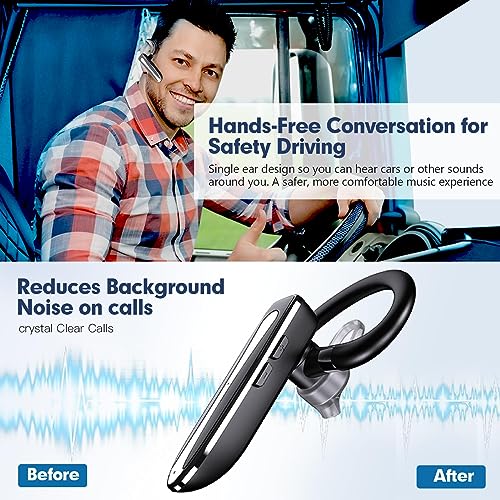 Truck Driver Bluetooth Headset for Cell Phones Wireless Earbuds with Earhooks IPX7 Waterproof Dual Microphone Earpiece in Ear Hands Free Single Headphone Charging Case for Driving Business Android iOS