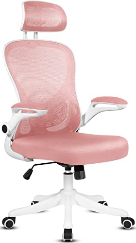 Misolant Office Chair, Ergonomic Desk Chair, Computer Chair, Mesh Office Chair, Office Chair with Adjustable Lumbar Support and Headrest, Executive Office Chair Pink, Desk Chair with Flip-up Armrest