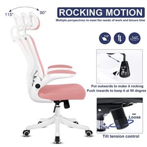 Misolant Office Chair, Ergonomic Desk Chair, Computer Chair, Mesh Office Chair, Office Chair with Adjustable Lumbar Support and Headrest, Executive Office Chair Pink, Desk Chair with Flip-up Armrest