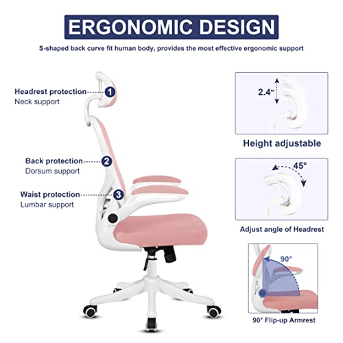 Misolant Office Chair, Ergonomic Desk Chair, Computer Chair, Mesh Office Chair, Office Chair with Adjustable Lumbar Support and Headrest, Executive Office Chair Pink, Desk Chair with Flip-up Armrest