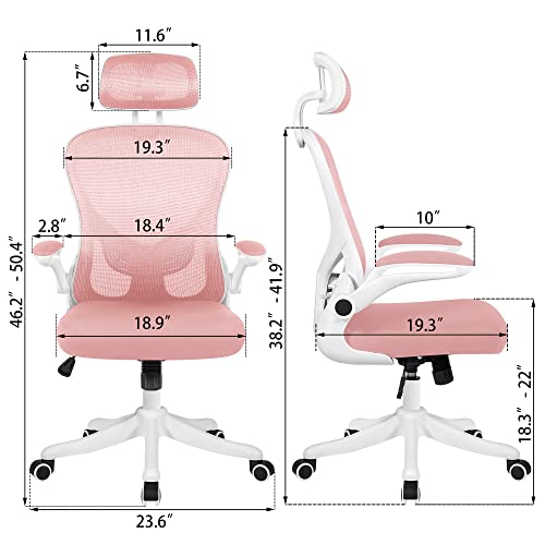 Misolant Office Chair, Ergonomic Desk Chair, Computer Chair, Mesh Office Chair, Office Chair with Adjustable Lumbar Support and Headrest, Executive Office Chair Pink, Desk Chair with Flip-up Armrest