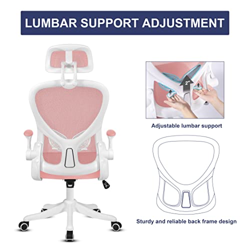 Misolant Office Chair, Ergonomic Desk Chair, Computer Chair, Mesh Office Chair, Office Chair with Adjustable Lumbar Support and Headrest, Executive Office Chair Pink, Desk Chair with Flip-up Armrest