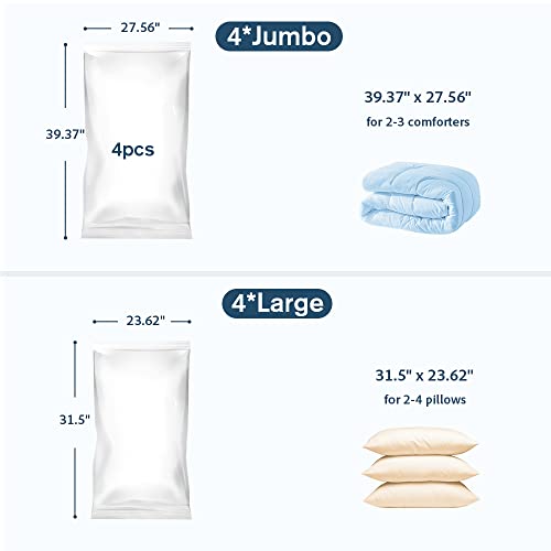 Vacuum Storage Bags, OFFSIR Vacuum Sealer Bags Space Saver Vacuum Storage Bags Compression Bags for Comforters and Blankets, Vacuum Seal Bags for Clothes with Hand Pump-8 Packs(4 Jumbo, 4 Large)