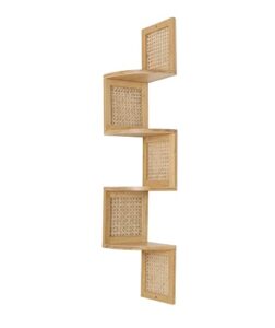 nd rongfeng bamboo corner shelf 4-tier shelf with bamboo body mixed with natural rattan mesh for wall storage, suitable for bedroom and living room (light brown)