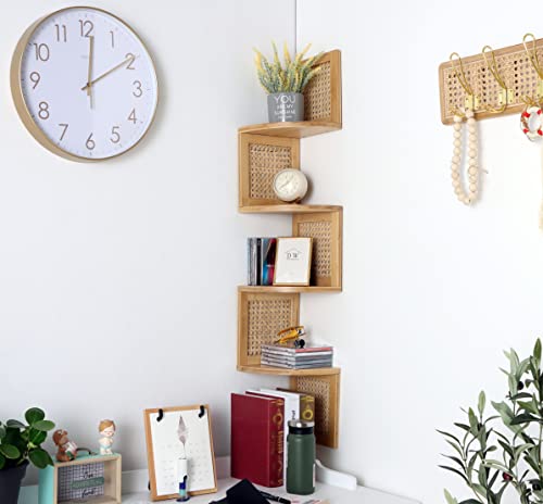 ND RongFeng Bamboo Corner Shelf 4-Tier Shelf with Bamboo Body Mixed with Natural Rattan Mesh for Wall Storage, Suitable for Bedroom and Living Room (Light Brown)