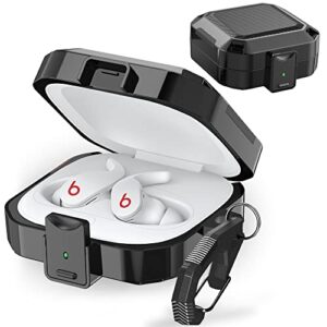 secure lock case for beats fit pro 2021, carbon fiber texture beats fit pro earbuds case cover with anti-lost keychain/storage box/cleaning brush/wrist strap. (black)