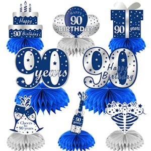 kauayurk 8pcs 90th birthday honeycomb centerpieces decorations for men, blue silver 90 year old birthday table centerpiece party supplies, 90 birthday table topper decor sign