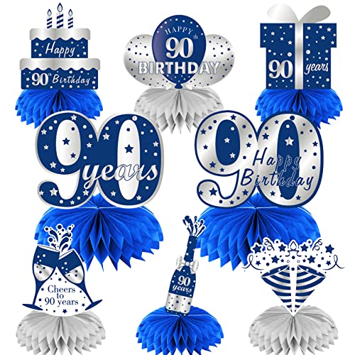 Kauayurk 8Pcs 90th Birthday Honeycomb Centerpieces Decorations for Men, Blue Silver 90 Year Old Birthday Table Centerpiece Party Supplies, 90 Birthday Table Topper Decor Sign