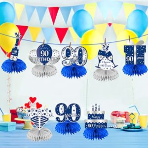 Kauayurk 8Pcs 90th Birthday Honeycomb Centerpieces Decorations for Men, Blue Silver 90 Year Old Birthday Table Centerpiece Party Supplies, 90 Birthday Table Topper Decor Sign