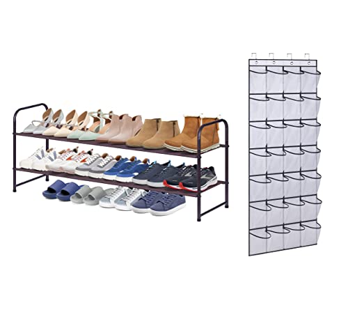 AOODA 2 Tier Long Shoe Rack for Closet Wide Low Shoe Shelf, 28 Large Mesh Pockets Over The Door Shoe Organizer Hanging, 2 Item Bundle