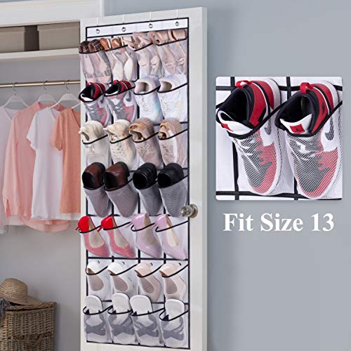 AOODA 2 Tier Long Shoe Rack for Closet Wide Low Shoe Shelf, 28 Large Mesh Pockets Over The Door Shoe Organizer Hanging, 2 Item Bundle