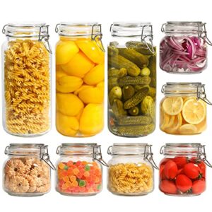 ComSaf 78oz/25oz Airtight Glass Canisters with Lids Set of 9, Square Food Storage Jar Container with Clamp Lids for Kitchen Canning Cereal Coffee Pasta Sugar Beans Spice, Clear Mason Jars