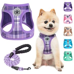 beautyzoo small dog harness and leash set,step in no chock no pull soft mesh dog harnesses reflective for extra-small/small medium puppy dogs and cats, plaid dog vest harness for xs s pets, purple s