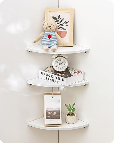 Baffect Corner Floating Shelves, Set of 3 Fan-Shaped Wooden Storage Board, Decorative Wall-Mounted Shelves for Living Room (White, 9.85in)