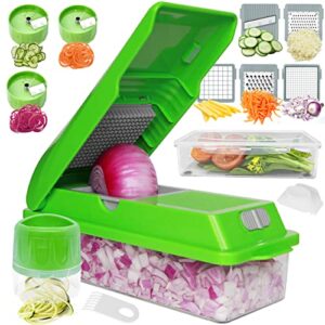 vegetable chopper - 11 in 1 pro mandoline slicer - onion chopper, cheese grater, food slicer- spiralizer included - enlarged storage container with lids - easy and efficient cutting tool for busy cook