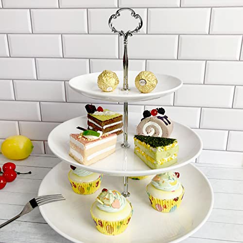 3 Tier Serving Tray,White Cupcake Stand,Cake Stand,Three Tiered Dessert Pastry Stand,Fruit Tea Party Stand(Melamine Material,Large Size.Silver Rod) with A Table Number Holder