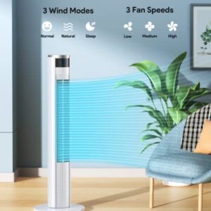 Tower Fan, Oscillating Tower Fan with Remote, 3 Modes, 3 Speeds, and 7-Hour Timer, Portable Space-Saving Bladeless Fan for Bedroom and Home Office 36”