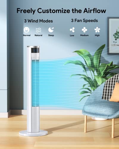 Tower Fan, Oscillating Tower Fan with Remote, 3 Modes, 3 Speeds, and 7-Hour Timer, Portable Space-Saving Bladeless Fan for Bedroom and Home Office 36”