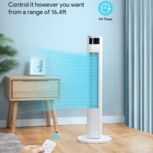 Tower Fan, Oscillating Tower Fan with Remote, 3 Modes, 3 Speeds, and 7-Hour Timer, Portable Space-Saving Bladeless Fan for Bedroom and Home Office 36”