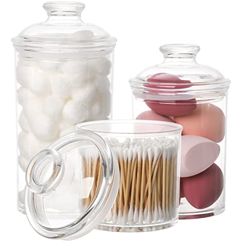 Lyellfe Set of 3 Acrylic Apothecary Jars, Vanity Organizer Canister with Airtight Lids, Bathroom Qtip Holder, Clear Storage Jar for Candy, Bath Salt, Cotton Ball, Cotton Swab, 34 oz, 25 oz, 17 oz