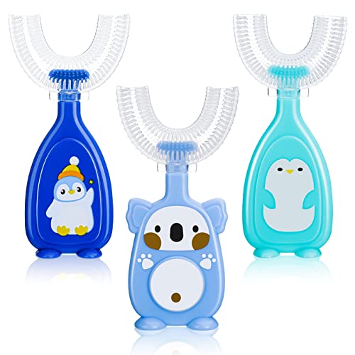 AhlsenL 3 Pack Kids U Shaped Toothbrush, 360° Full Mouth Training Toddler Toothbrush Silicone Manual Toothbrush for Kids Toddler Children(Blue)