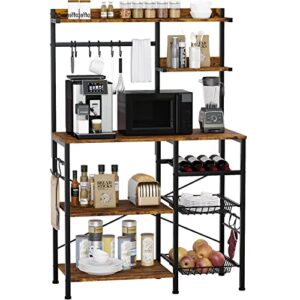 kitchen baker’s rack with 2 pull out wire baskets, microwave stand with storage shelf & wine rack, 5-tier utility coffee bar station with 10 hooks for spice rack organizer workstation, rustic brown