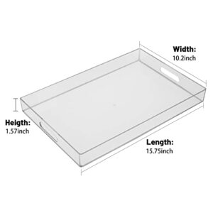 MAONAME Clear Serving Tray with Handles, Plastic Clear Tray, Rectangle Decorative Tray for Coffee Table, Ottoman, Bathroom, Vanity, 15.7" Lx 10.2" W X 1.57" H