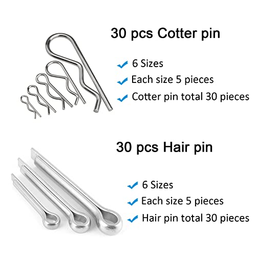 60 Pcs Cotter Pin Hair Pin Assortment Kit, Zinc Plated R Clip Key Fastener Fitting Set for Use on Hitch Pin Lock System Automotive Marine Tractors Mower Carts Truck Engine Repair, 2 Styles 12 Sizes
