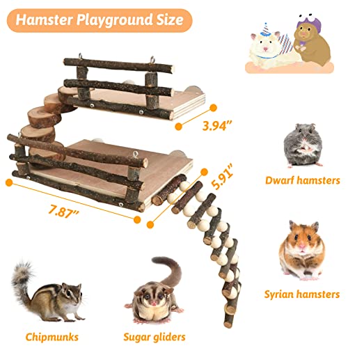 Fhiny Hamster Climbing Toys, 2 Layer Wooden Activity Platform with Bridge Hanging Playground Cage Accessories Hamster Wood Chewing Toys for Dwarf Hamsters Gerbils Small Pets