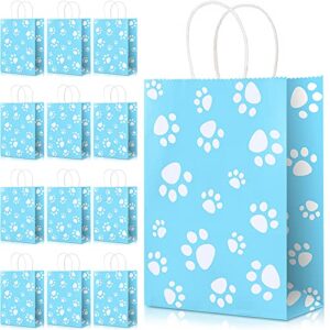 20 pcs puppy dog paw print gift bags with paper twist handles, dog gift bags paper paw print treat goodie bags for pet treat party favor, 6.3 x 3.1 x 8.6 inch (blue backing)