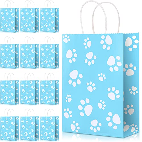 20 Pcs Puppy Dog Paw Print Gift Bags with Paper Twist Handles, Dog Gift Bags Paper Paw Print Treat Goodie Bags for PET Treat Party Favor, 6.3 x 3.1 x 8.6 Inch (Blue Backing)