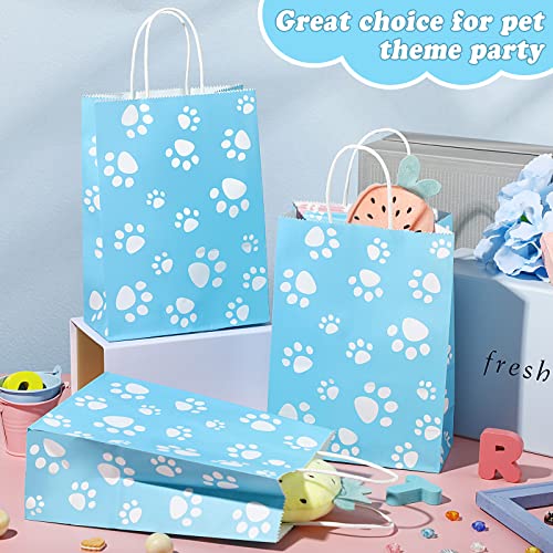 20 Pcs Puppy Dog Paw Print Gift Bags with Paper Twist Handles, Dog Gift Bags Paper Paw Print Treat Goodie Bags for PET Treat Party Favor, 6.3 x 3.1 x 8.6 Inch (Blue Backing)