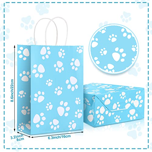 20 Pcs Puppy Dog Paw Print Gift Bags with Paper Twist Handles, Dog Gift Bags Paper Paw Print Treat Goodie Bags for PET Treat Party Favor, 6.3 x 3.1 x 8.6 Inch (Blue Backing)