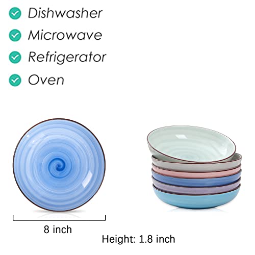 Selamica Porcelain 26 Ounce Salad Pasta Bowls, 8 inch Wide and Shallow Serving bowls, Microwave & Dishwasher Safe, Sturdy & Stackable, Set of 6, Gradient Color