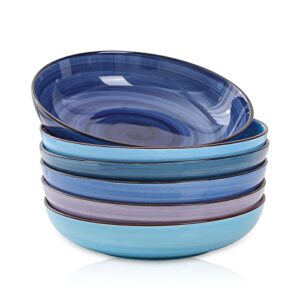 selamica porcelain 26 ounce salad pasta bowls, 8 inch wide and shallow serving bowls, microwave & dishwasher safe, sturdy & stackable, set of 6, gradient blue