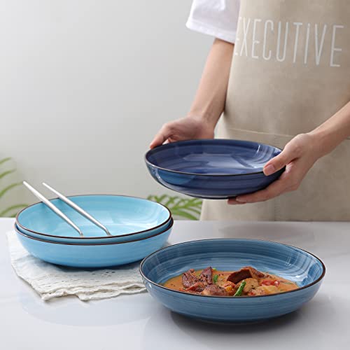 Selamica Porcelain 26 Ounce Salad Pasta Bowls, 8 inch Wide and Shallow Serving bowls, Microwave & Dishwasher Safe, Sturdy & Stackable, Set of 6, Gradient Blue