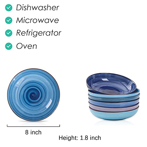 Selamica Porcelain 26 Ounce Salad Pasta Bowls, 8 inch Wide and Shallow Serving bowls, Microwave & Dishwasher Safe, Sturdy & Stackable, Set of 6, Gradient Blue