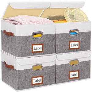 yawinhe storage boxes with lids, 4-pack storage baskets for shelf, 15 x 9.84 x 9.84 inch, fabric storage bins organizer containers with dual leather handles for home bedroom closet office,white/grey