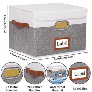 Yawinhe Storage Boxes with Lids, 4-Pack Storage Baskets for Shelf, 15 x 9.84 x 9.84 Inch, Fabric Storage Bins Organizer Containers with Dual Leather Handles for Home Bedroom Closet Office,White/Grey