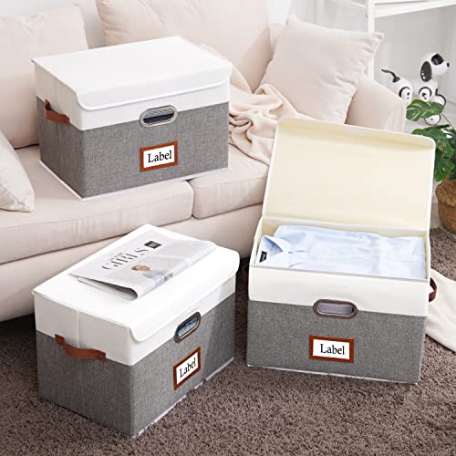 Yawinhe Storage Boxes with Lids, 4-Pack Storage Baskets for Shelf, 15 x 9.84 x 9.84 Inch, Fabric Storage Bins Organizer Containers with Dual Leather Handles for Home Bedroom Closet Office,White/Grey
